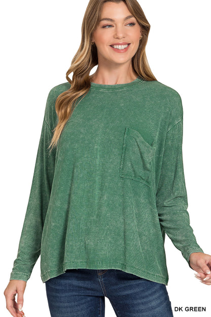 Washed Ribbed Dolman Sleeve Round Neck Top - Dark Green - RTW-8444A
