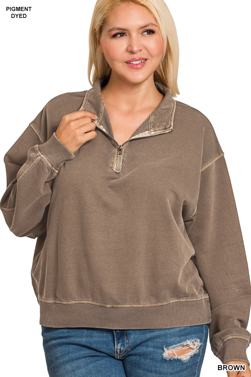 Plus f/terry pigment dye & enzyme washed half zip pullover - Brown - TTW-5282X5