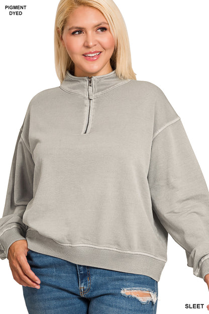 Plus f/terry pigment dye & enzyme washed half zip pullover - Sleet - TTW-5282X5