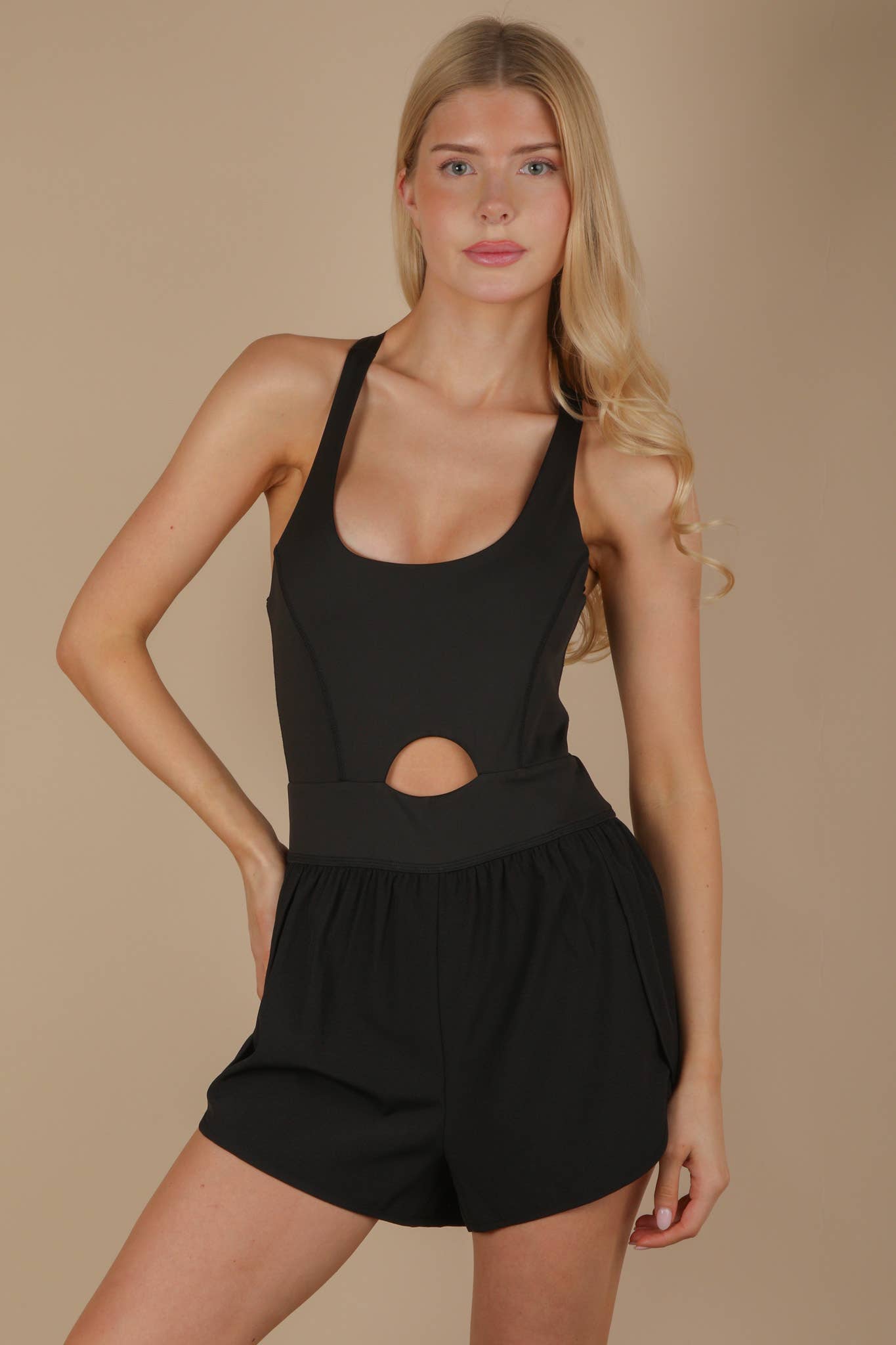 NP70880-Front Cutout Romper Activewear W/ Pantie Lining: BLACK