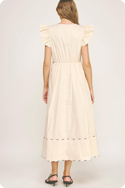 Contrast Multi Color Piping Midi Dress: Chambray