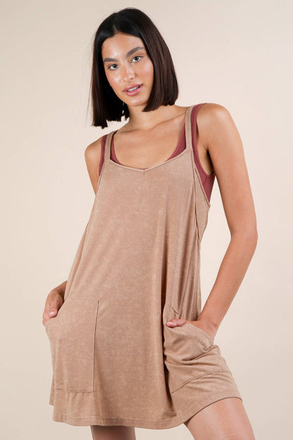 ND31251-Mineral Washed Knit Mini Dress with Shorts Inside : GREEN / S-M-L