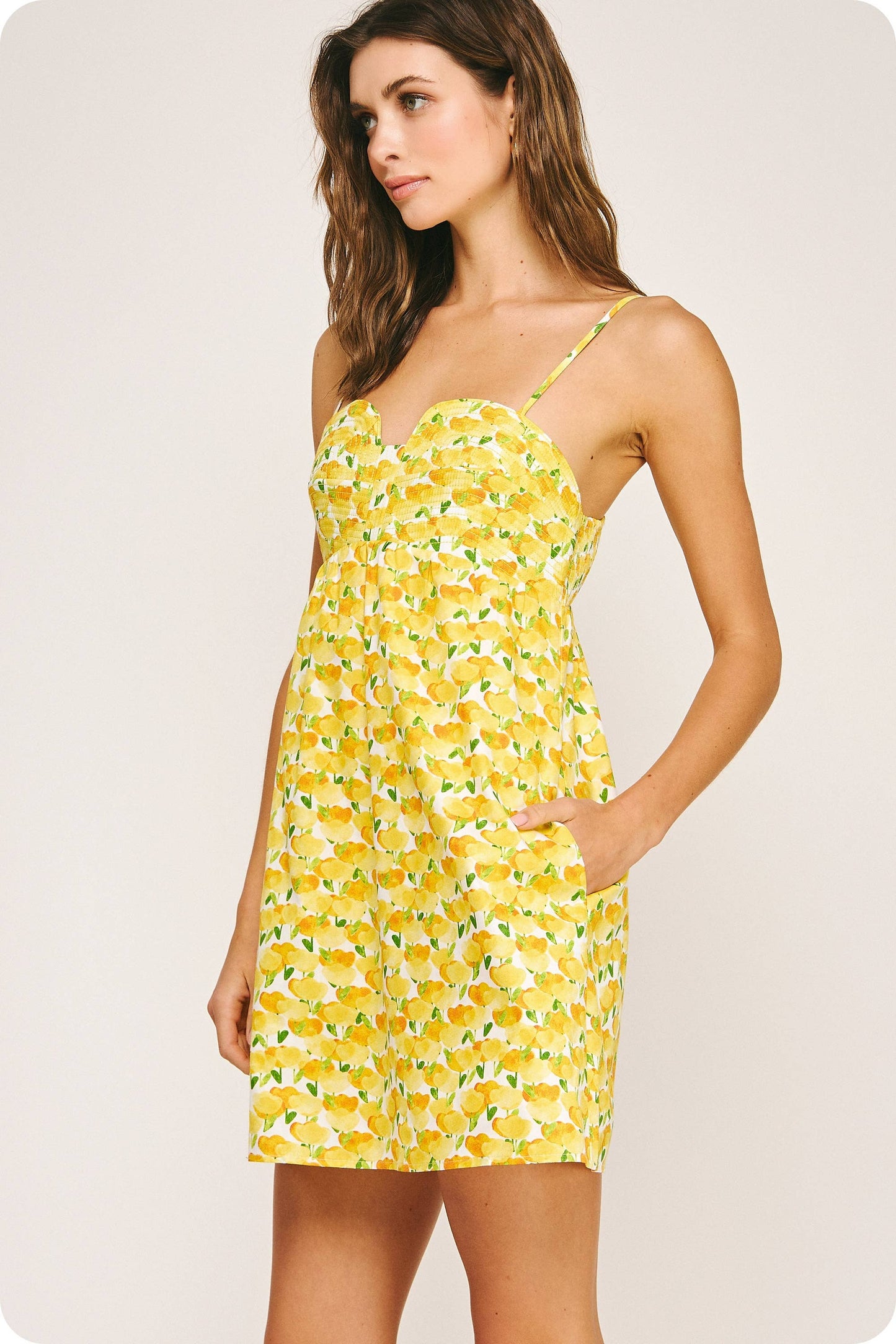 Top Stitch Bustier Floral Print Mini Dress: Peach Multi