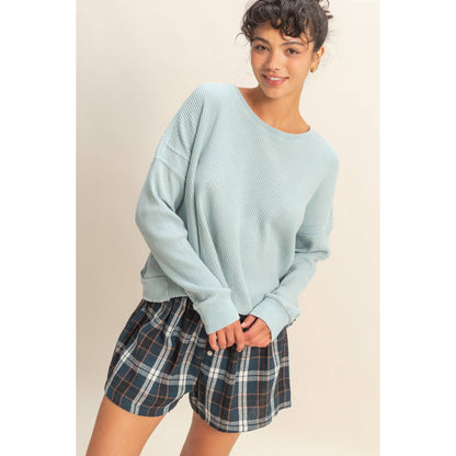 Open Back Textured Knit Long Sleeve Top: CHESTNUT