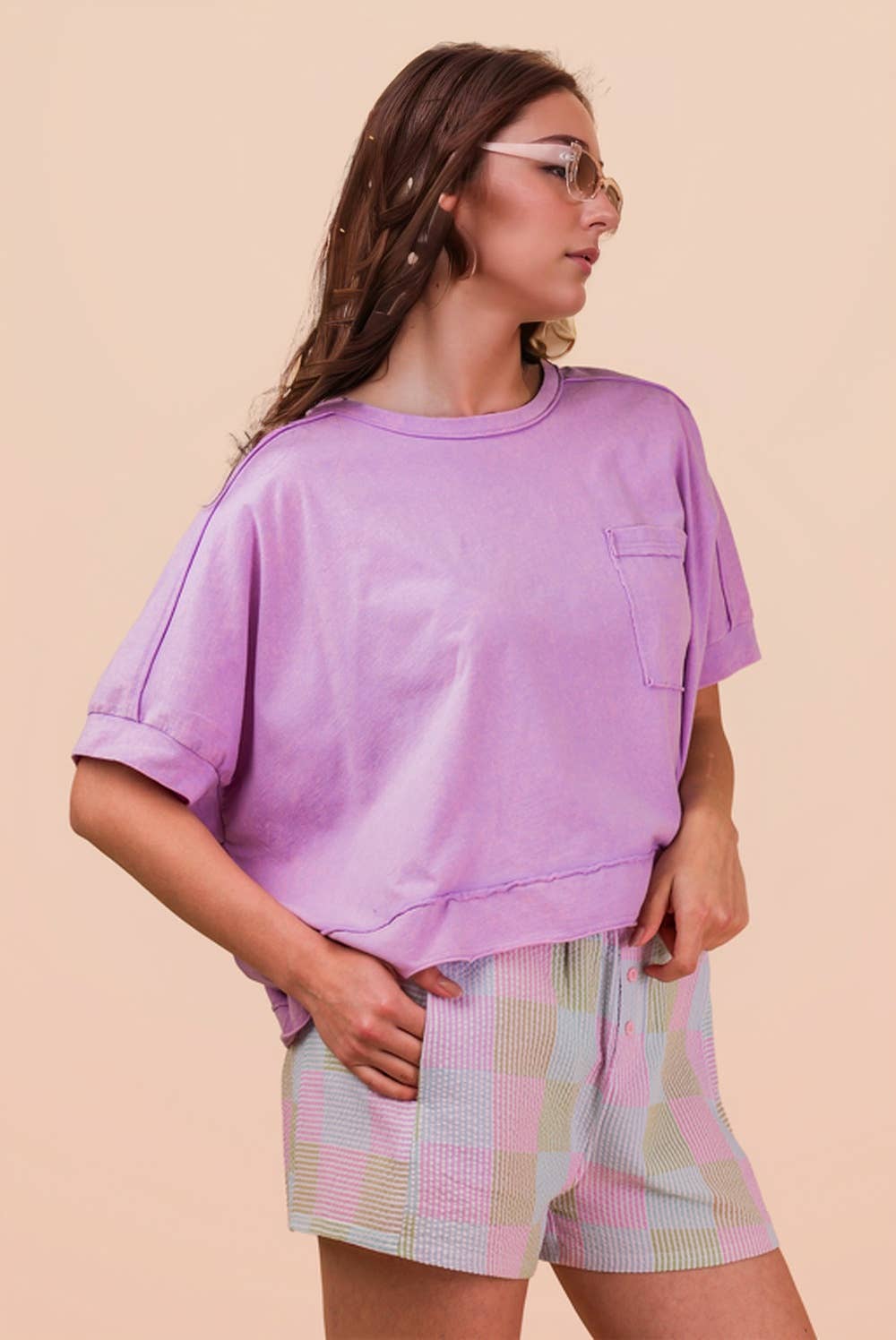 NT11429-Mineral Washed Oversized Crop Comfy Knit Top: LAVENDER
