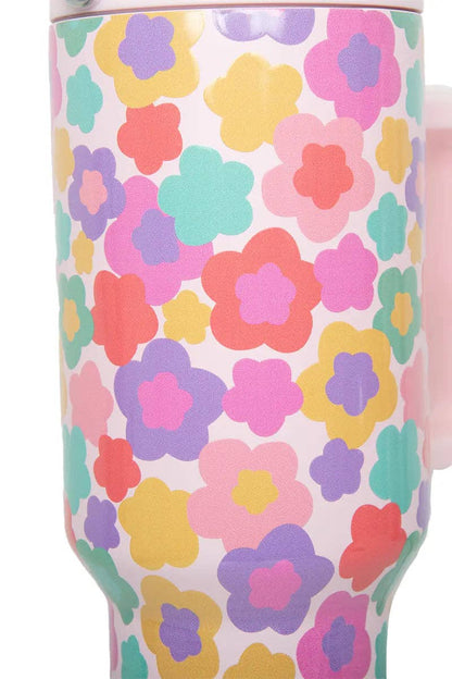 Groovy Multicolored Flowers Easter Tumbler with Straw: Light Pink