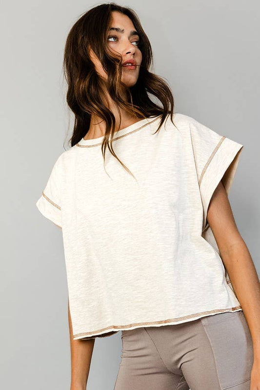 Overlap Open Back Reverse Stitched Crop Top: NATURAL