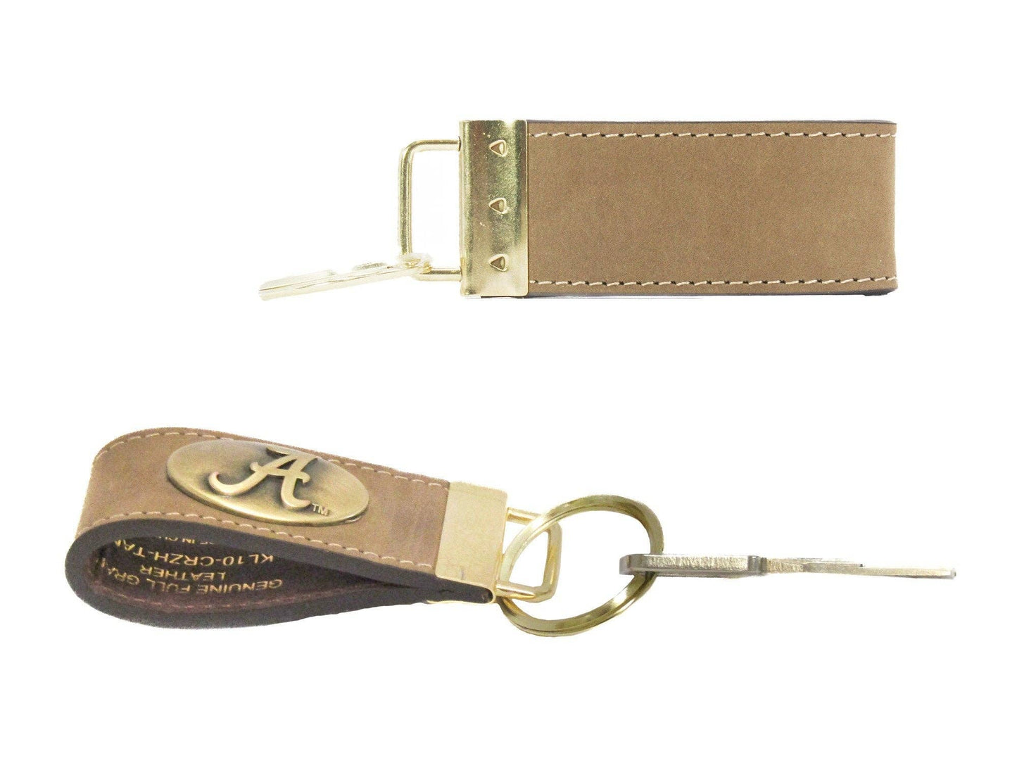 Collegiate Leather Key Fob. Crazyhorse Full Grain Leather With Antique Brass Logo- Alabama Crimson Tide