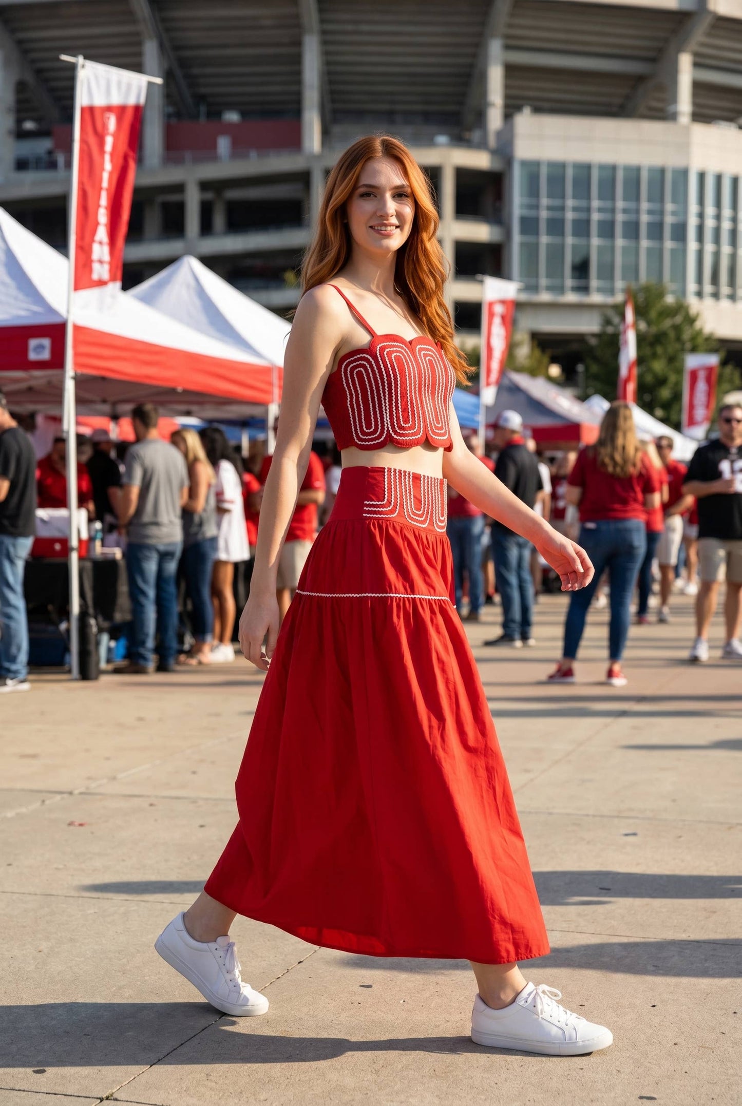 Exclusive Lace Trimmed Top & Skirt Set: CRIMSON/WHITE / L
