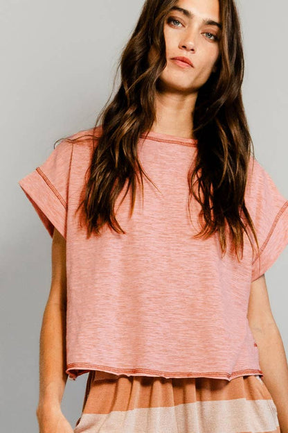 Overlap Open Back Reverse Stitched Crop Top: PEACH