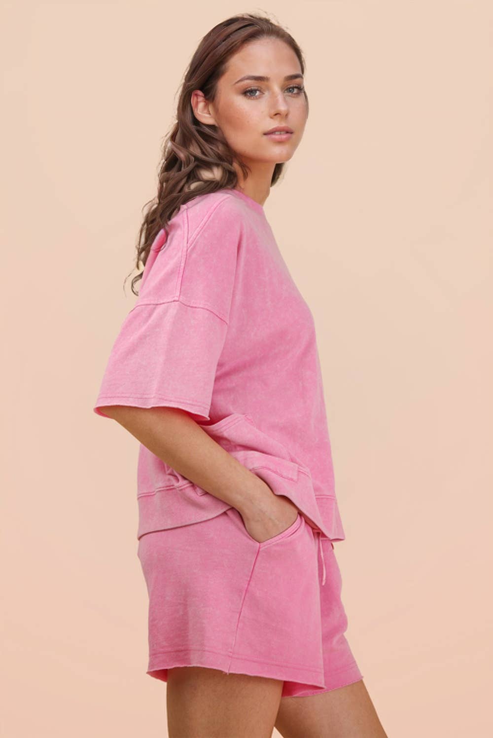 Mineral Washed Knit Casual Top & Shorts: CORAL