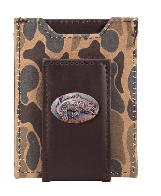 Bass Men's Magnetic Front Pocket Old School Camo Leather Wallet.: Green/Gray Camo