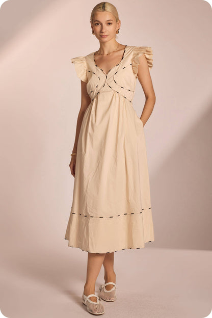 Contrast Multi Color Piping Midi Dress: Chambray