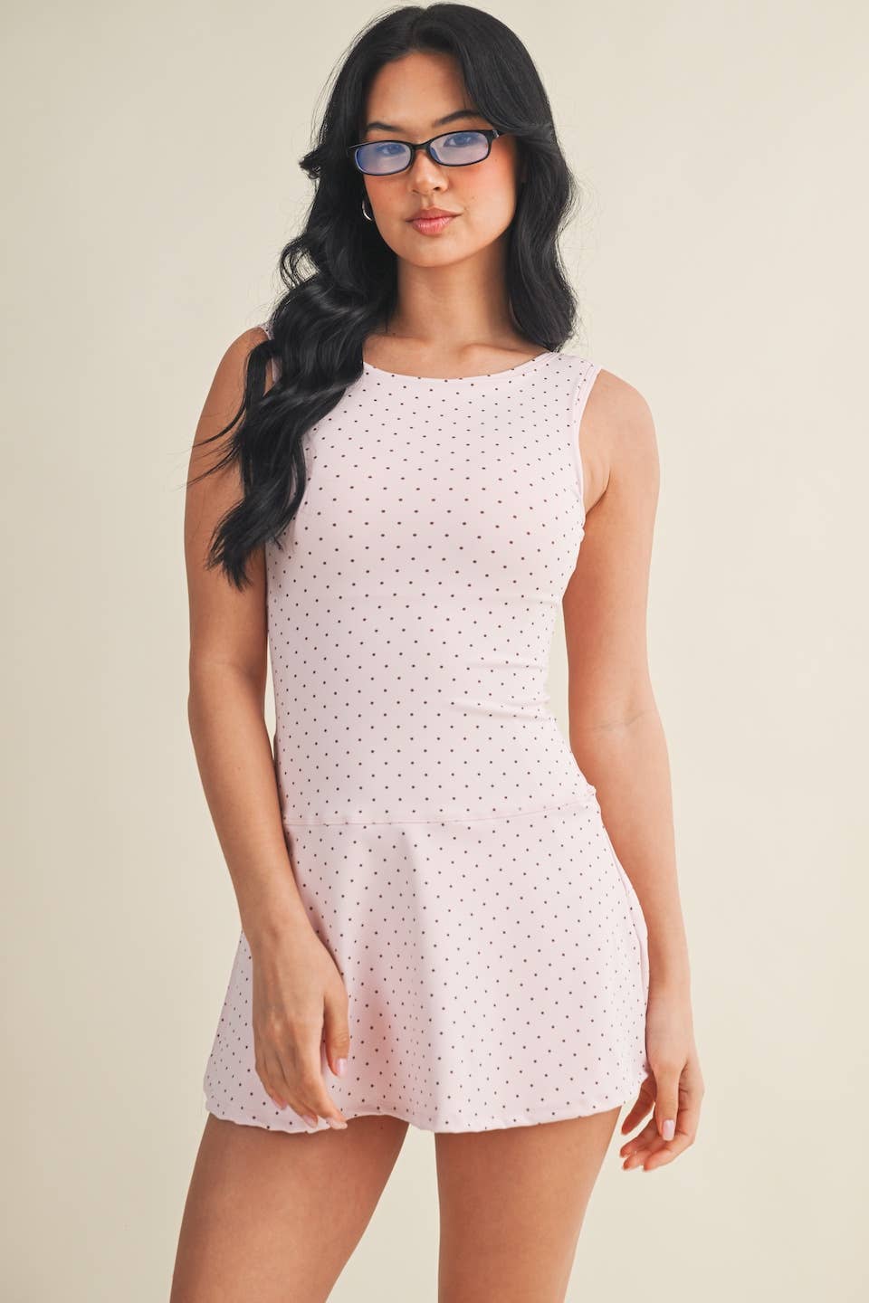 Polka Dot Print A-Line Mini Dress with Drop Waist: Pink Polka Dot