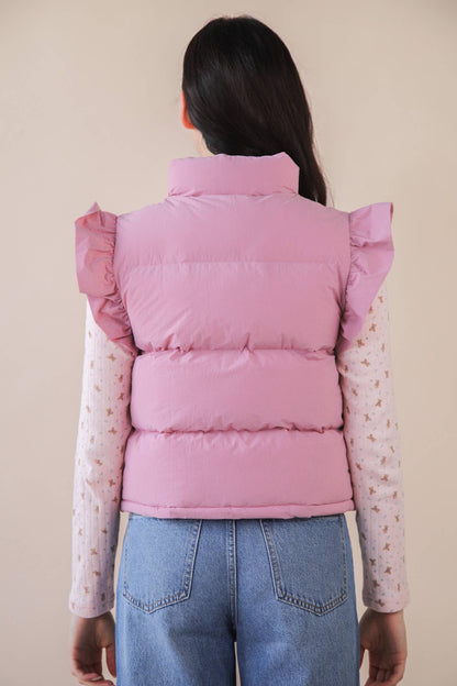 NJ90385-Front Bow Ruffle Sleeve Puffer Vest: SAGE