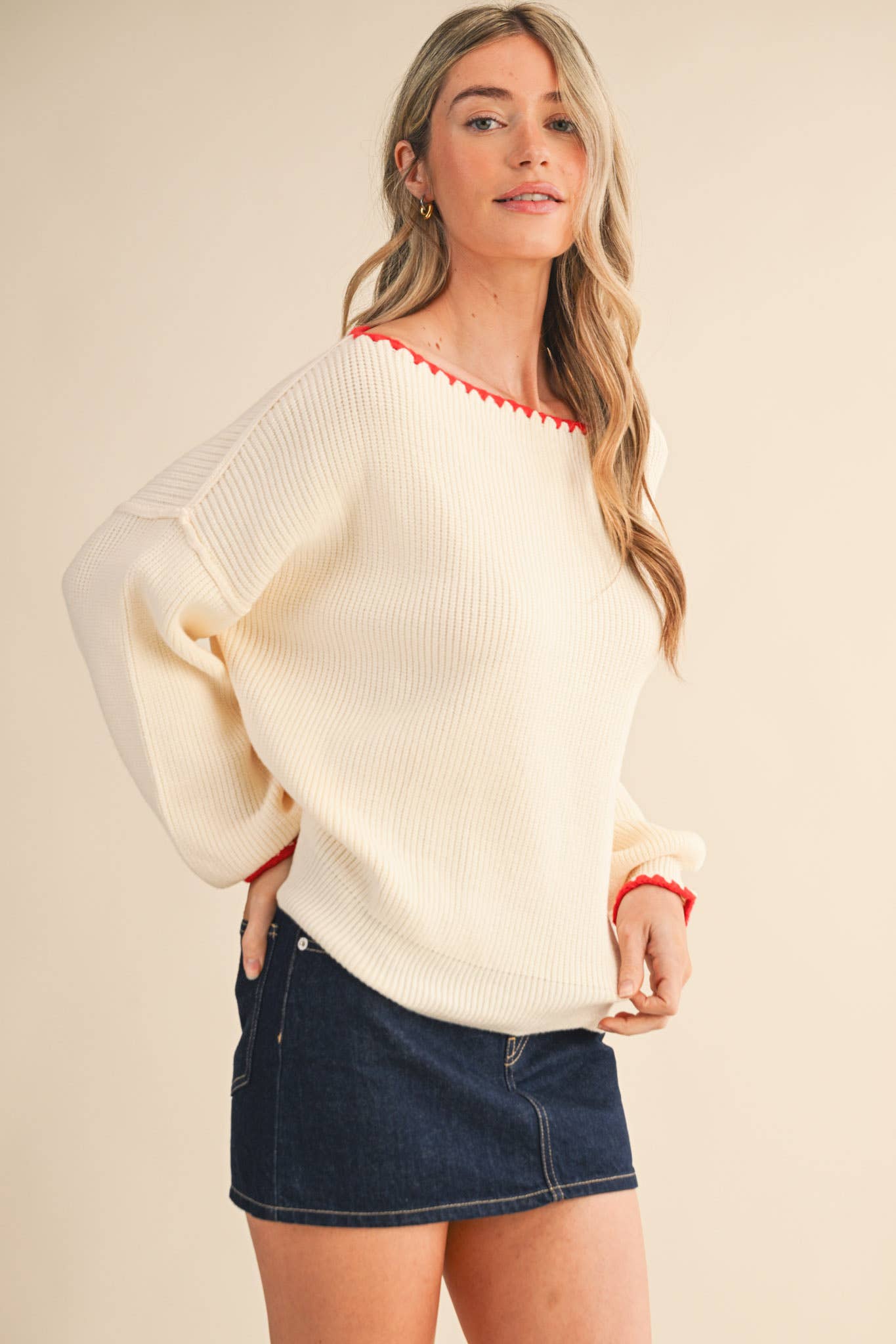 BOAT NECK TRIANGLE STITCH PUFF SLEEVE SWEATER MSW11245: MINT BURGUNDY