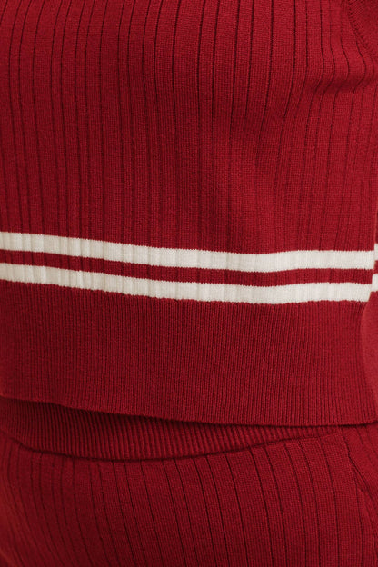 CSW11889 - HIGH WAISTED KNIT STRIPED MINI SKIRT: Burgundy
