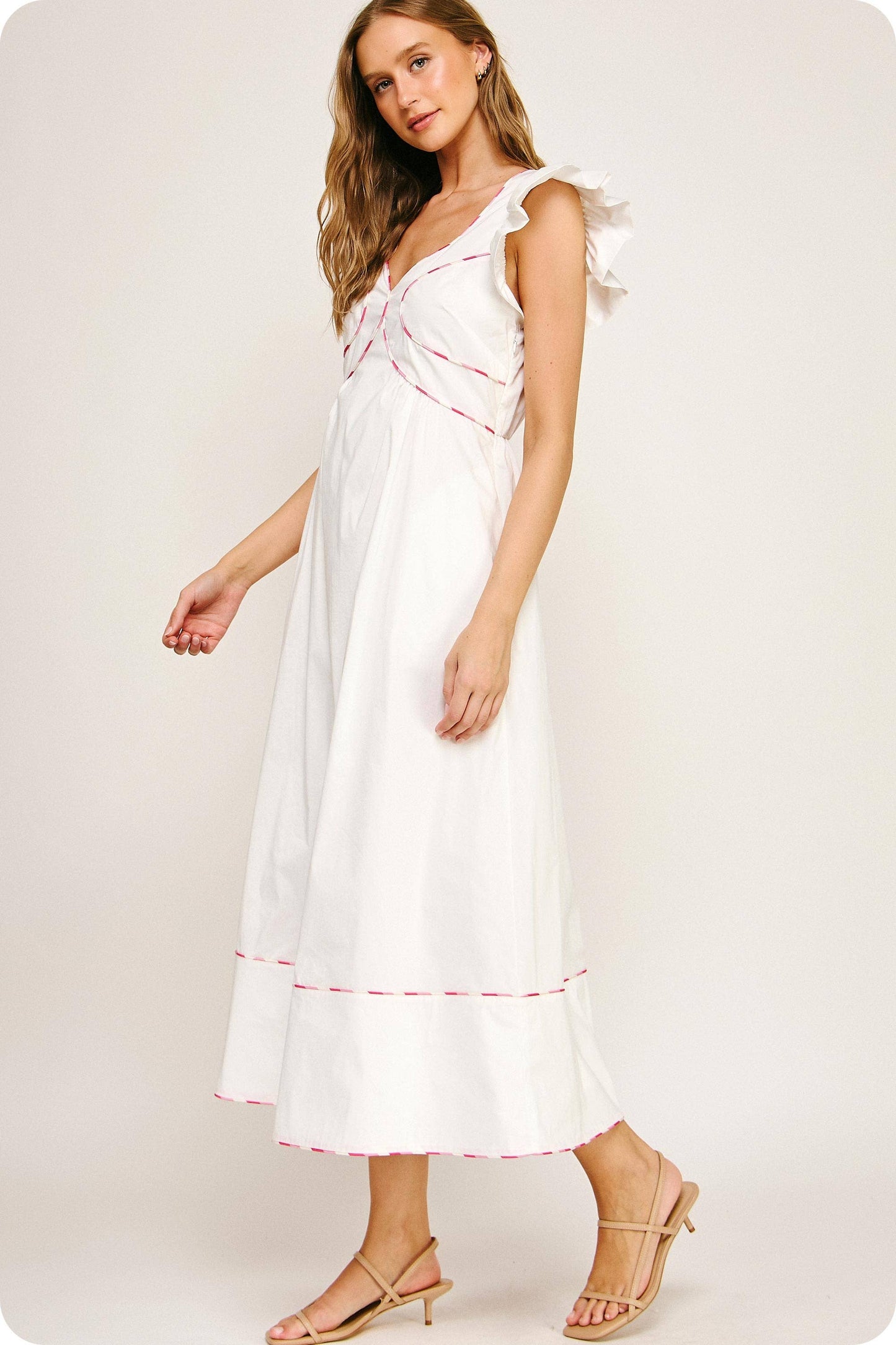 Contrast Multi Color Piping Midi Dress: Chambray