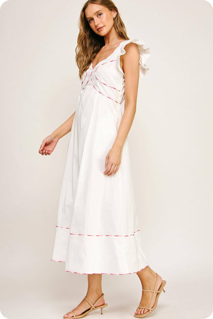 Contrast Multi Color Piping Midi Dress: Chambray