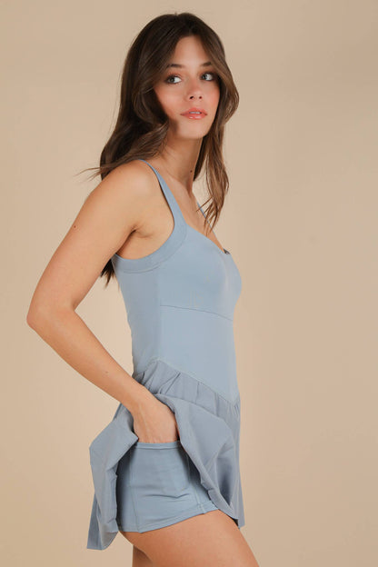 ND31725-Pleated Skirt Activewear Dress W/ Under Shorts: SKY