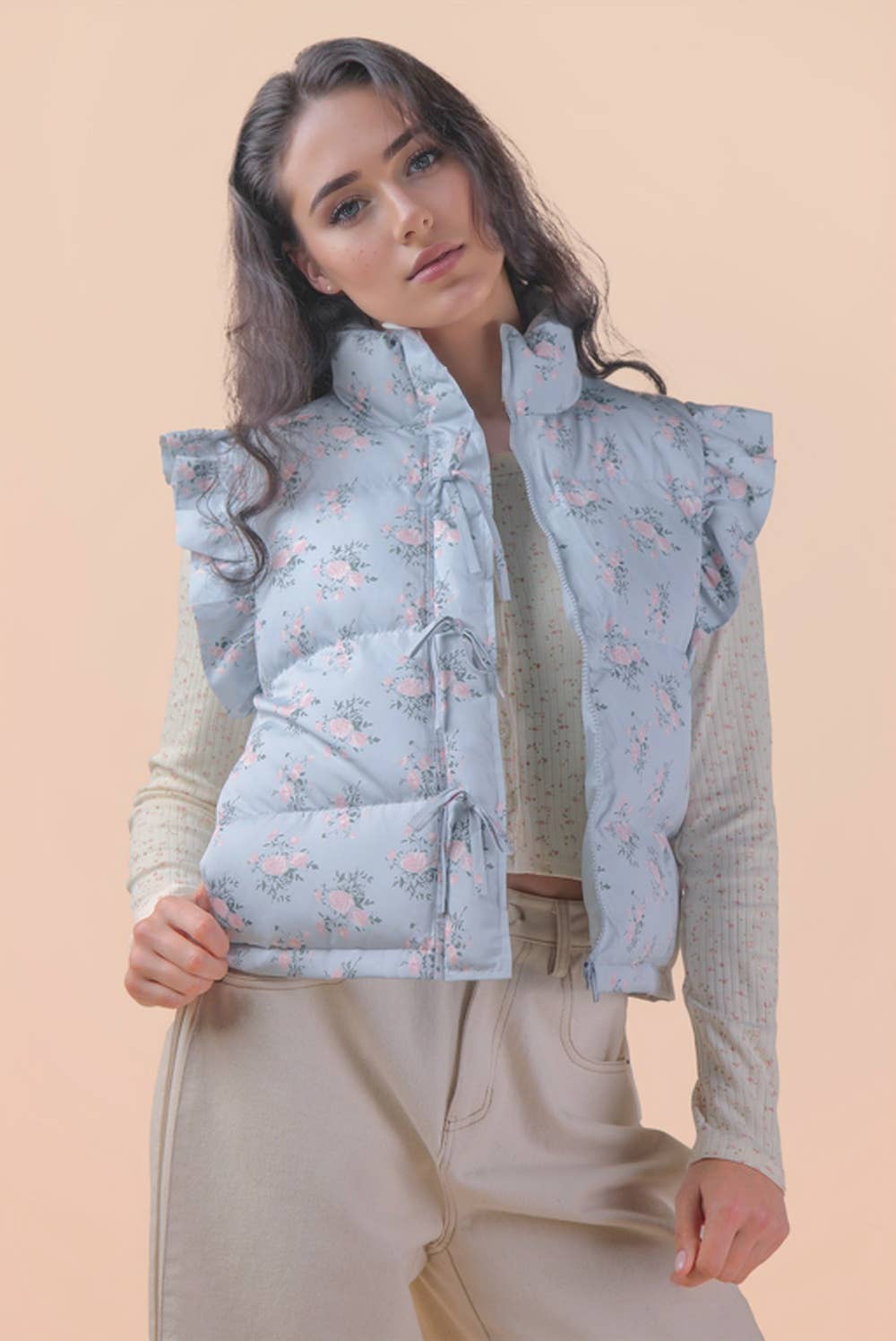 NJ90385-Front Bow Ruffle Sleeve Puffer Vest: SAGE