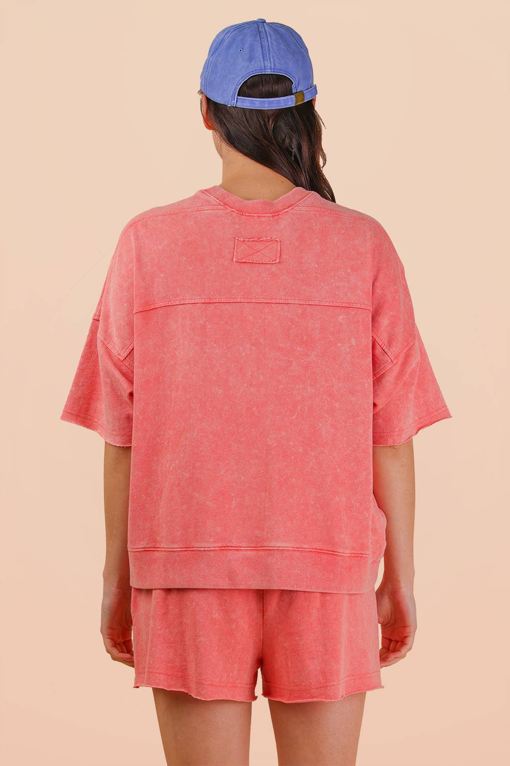 Mineral Washed Knit Casual Top & Shorts: CORAL