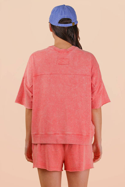 Mineral Washed Knit Casual Top & Shorts: CORAL