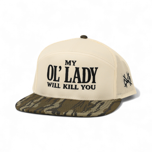 My Ol Lady Will Kill You Trucker Hat: 7 Panel Bottomland/ Natural