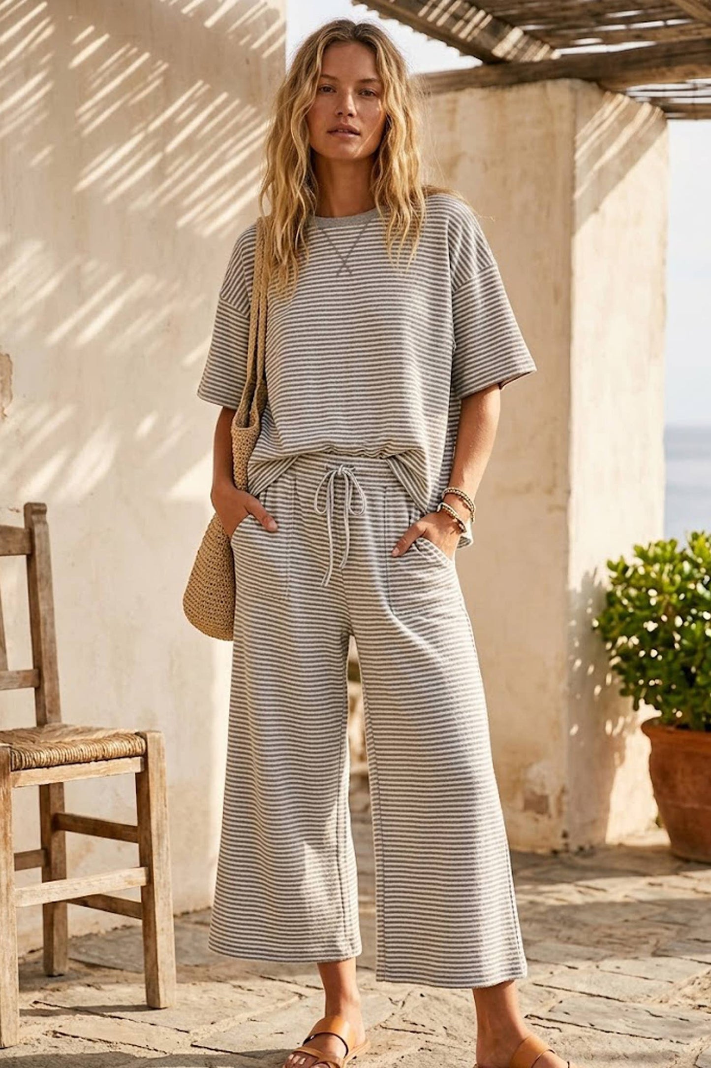 Striped Knit Top and Pants Set: MINT/LILAC