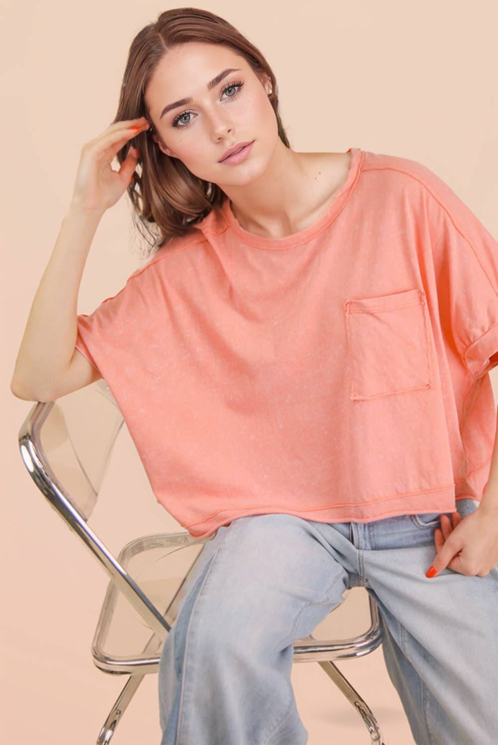 NT11429-Mineral Washed Oversized Crop Comfy Knit Top: BLUE