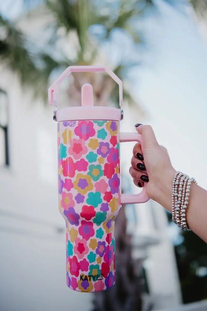 Groovy Multicolored Flowers Easter Tumbler with Straw: Light Pink