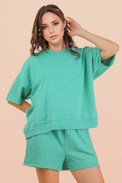 Mineral Washed Knit Casual Top & Shorts: CORAL
