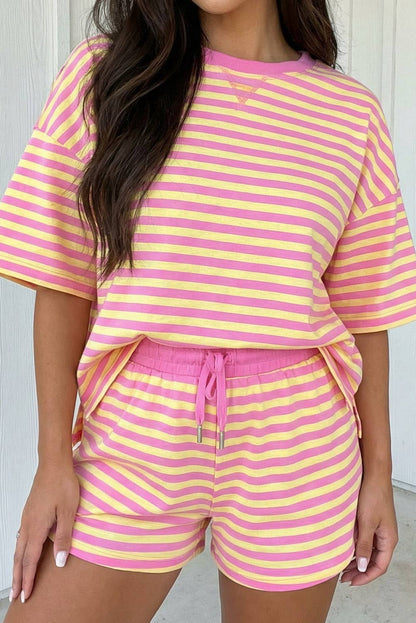 LAS Stripe Contrast Trim Boxy Terry Short Set (S-XL): Rose Stripe / Missy