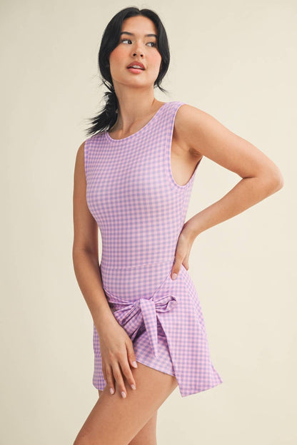 Gingham Print Sleeveless Wrap Tie Front Dress : Hot Pink Gingham