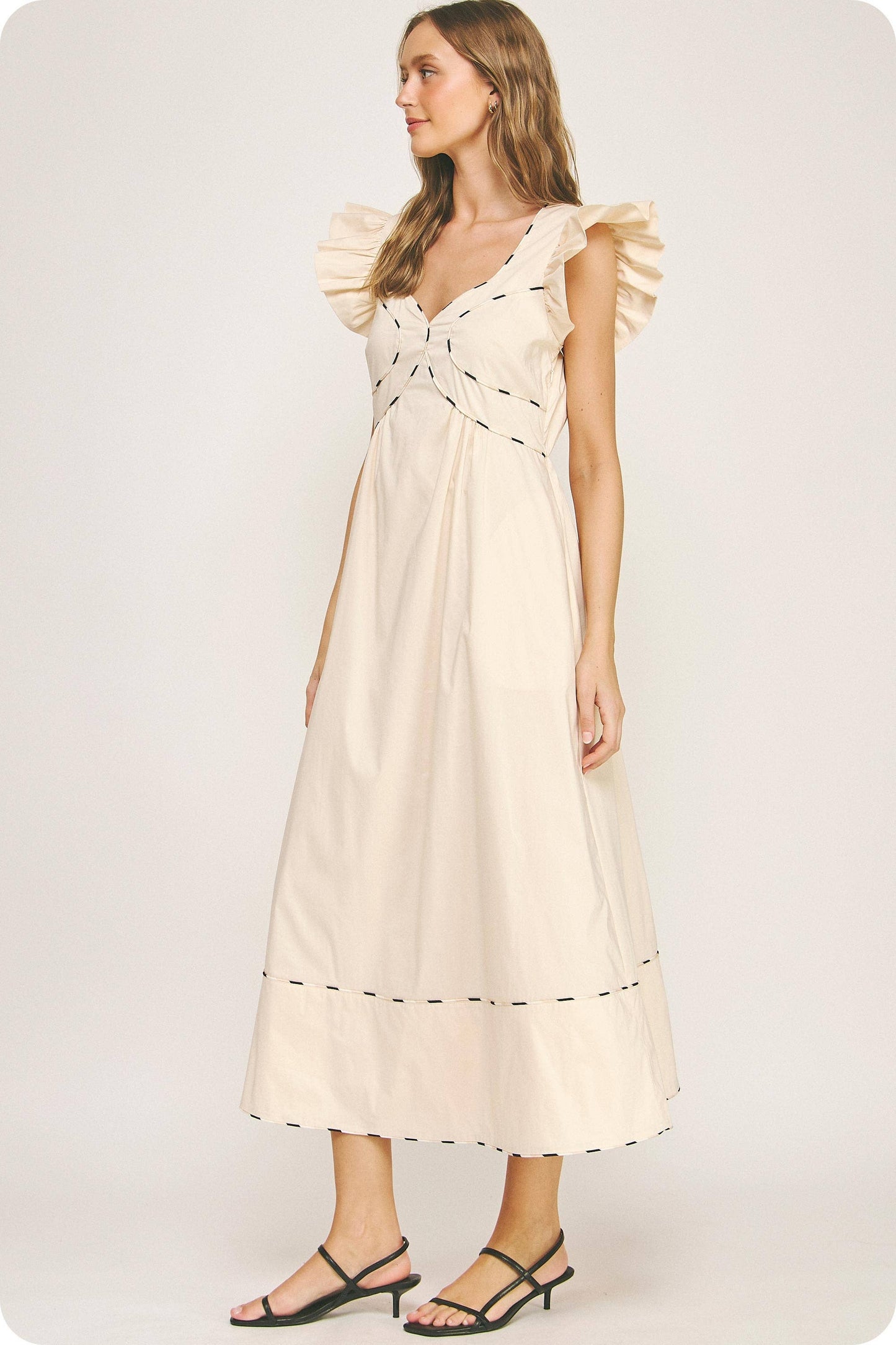 Contrast Multi Color Piping Midi Dress: Chambray