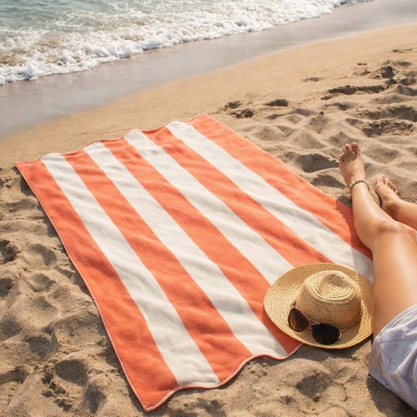 Large Scalloped Striped Beach Towel 90 x 170cm - 100% Cotton: Burnt Orange