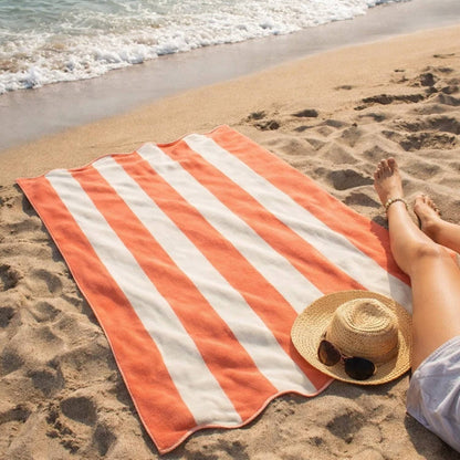 Large Scalloped Striped Beach Towel 90 x 170cm - 100% Cotton: Navy