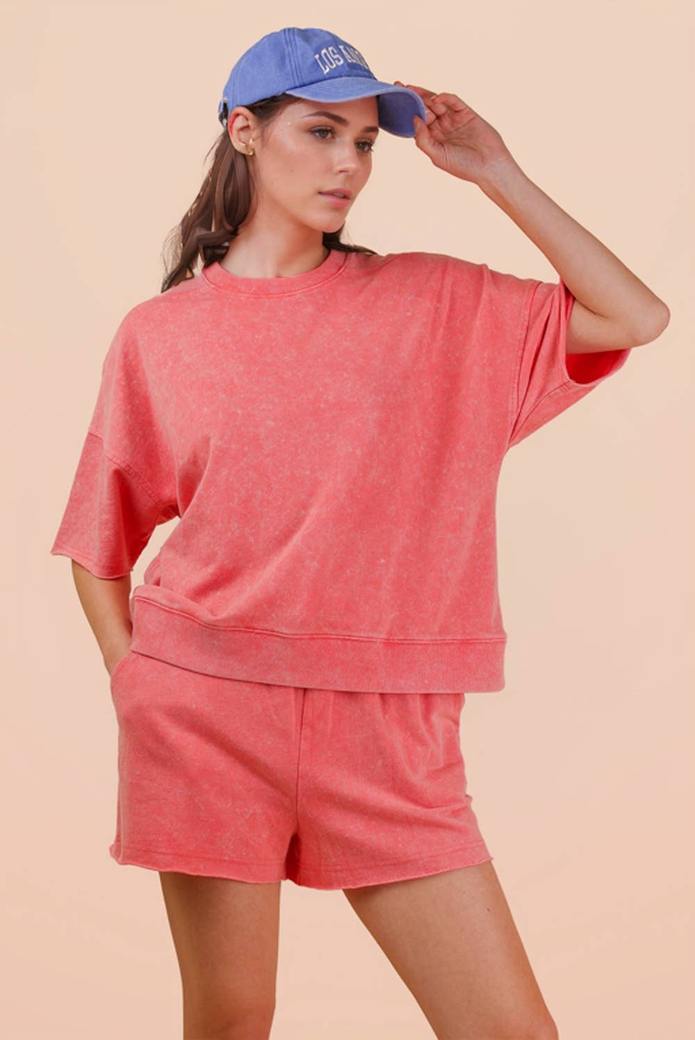 Mineral Washed Knit Casual Top & Shorts: CORAL