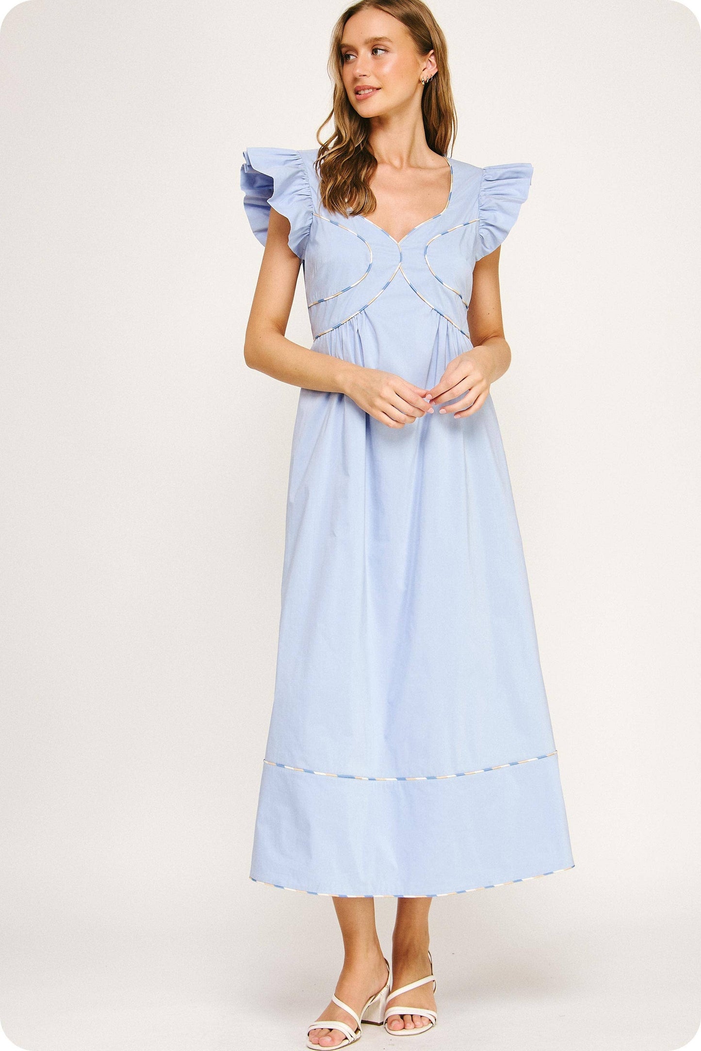 Contrast Multi Color Piping Midi Dress: Chambray
