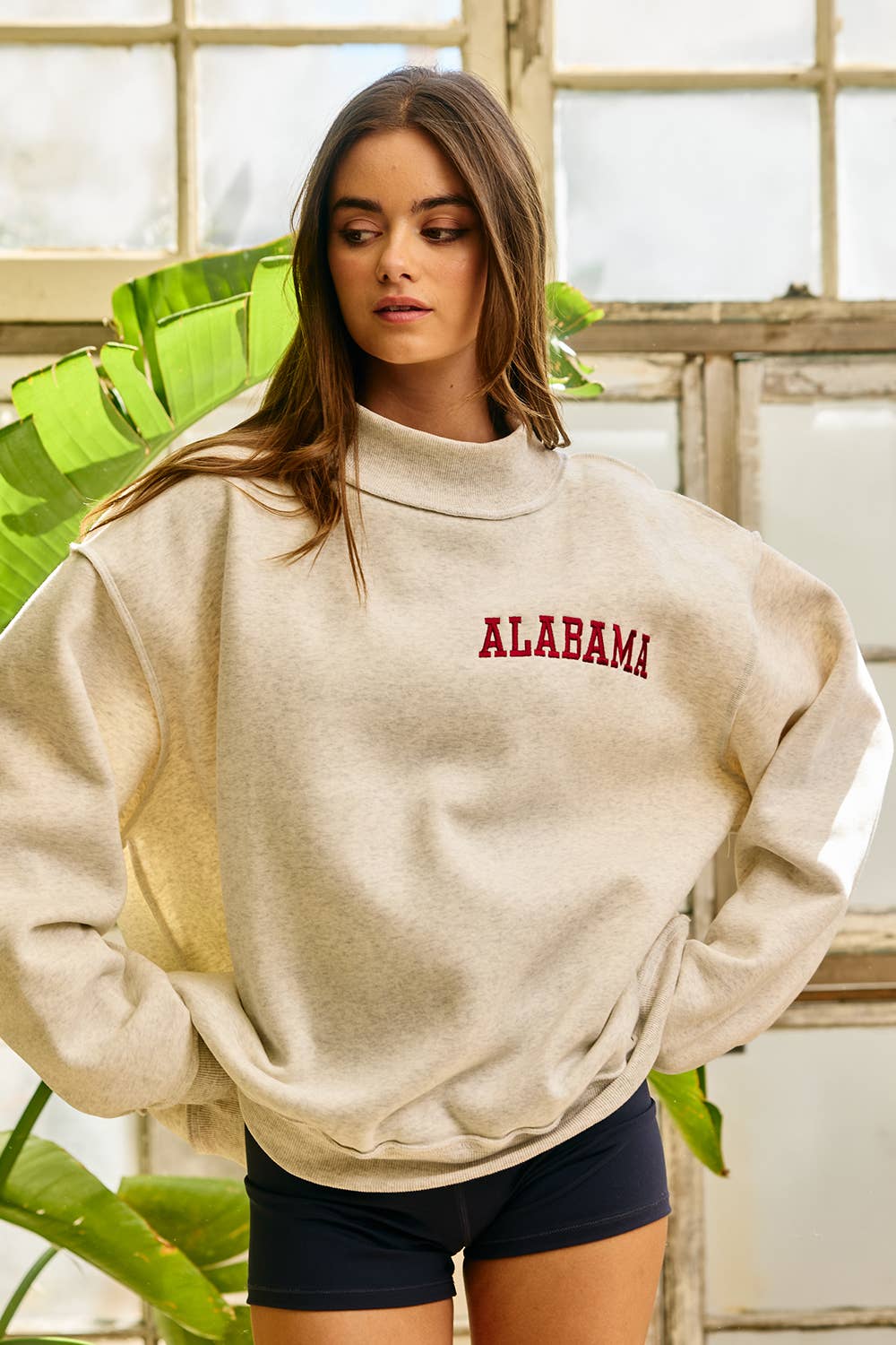 Embroidered Mock Neck Sweatshirt: ASH GREY