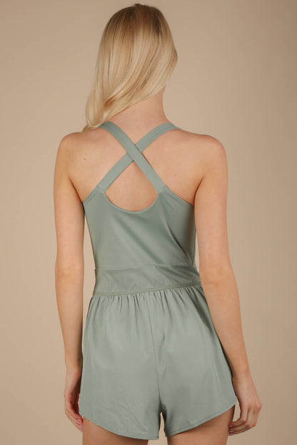NP70880-Front Cutout Romper Activewear W/ Pantie Lining: SAGE