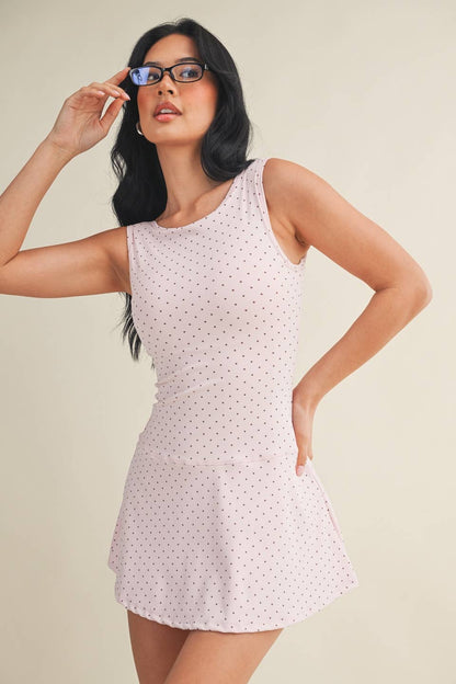 Polka Dot Print A-Line Mini Dress with Drop Waist: Pink Polka Dot