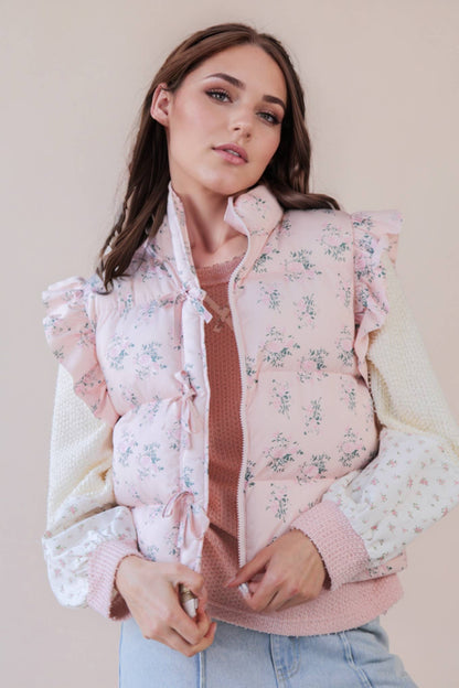NJ90385-Front Bow Ruffle Sleeve Puffer Vest: SAGE