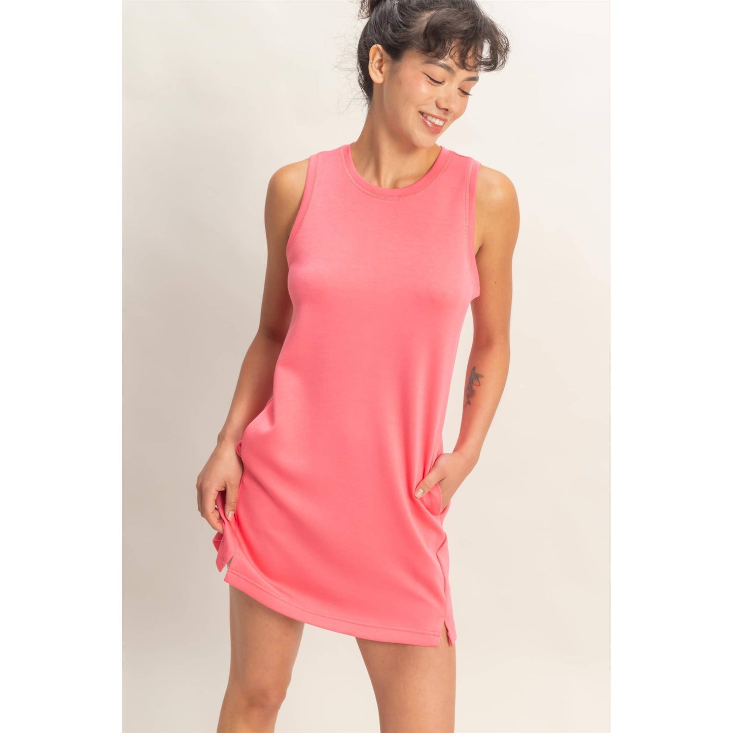 Crew Neck Tank Mini Dress: TAFFY PINK