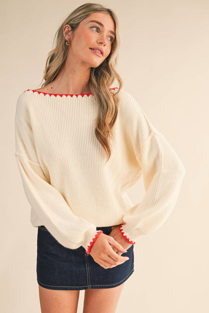 BOAT NECK TRIANGLE STITCH PUFF SLEEVE SWEATER MSW11245: MINT BURGUNDY