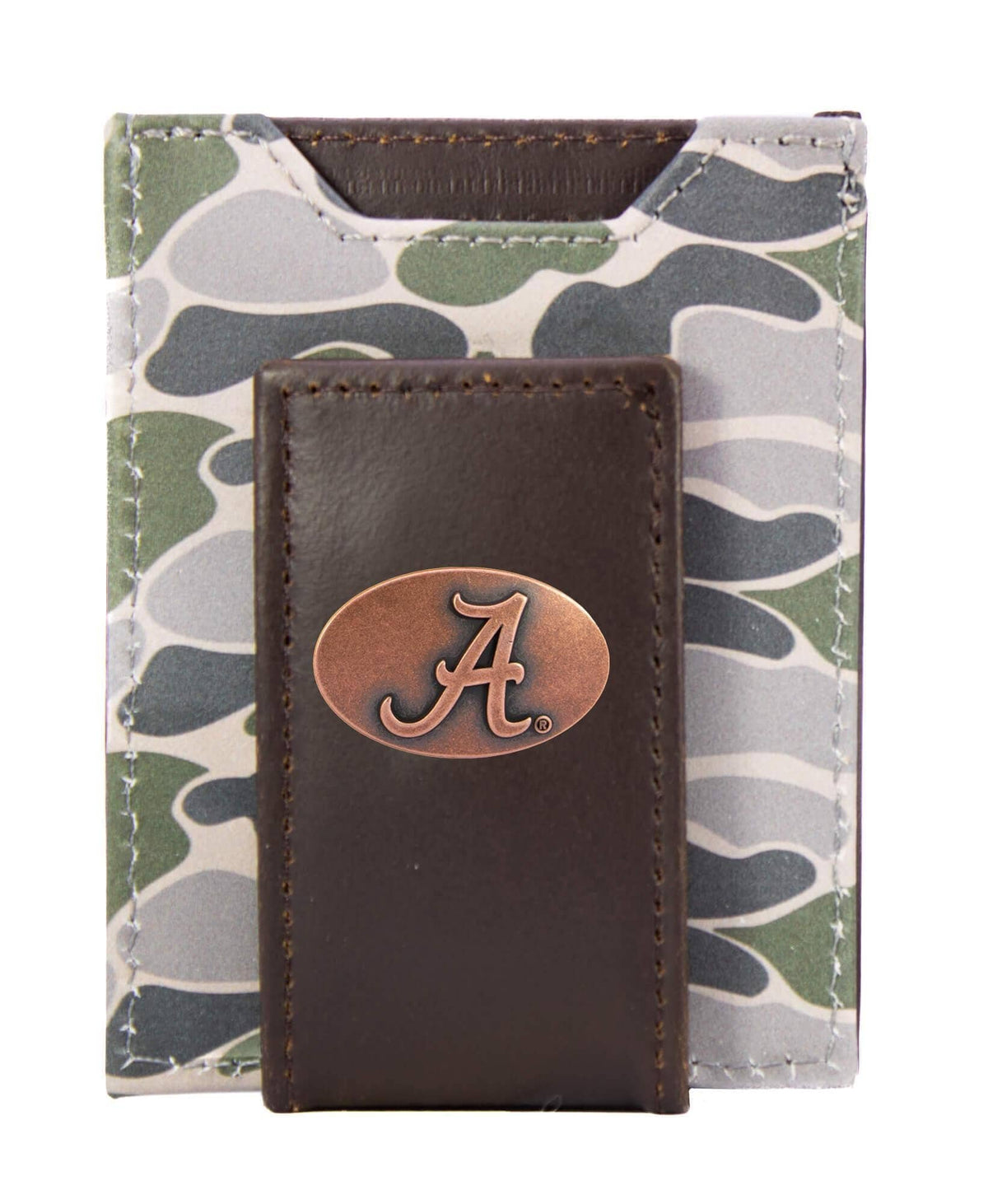 Alabama Crimson Tide Men's Magnetic Front Pocket Old School Camo Leather Wallet.: Brown/Tan Camo