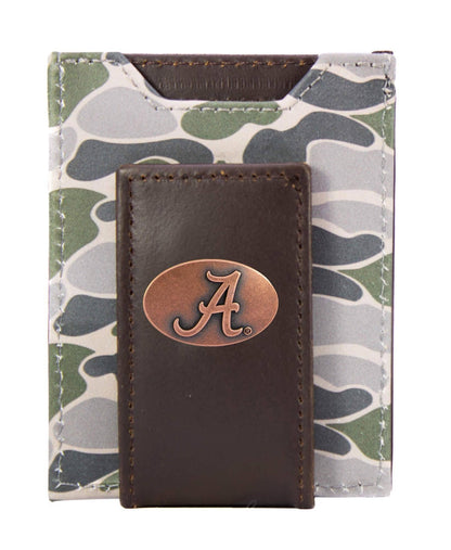 Alabama Crimson Tide Men's Magnetic Front Pocket Old School Camo Leather Wallet.: Brown/Tan Camo