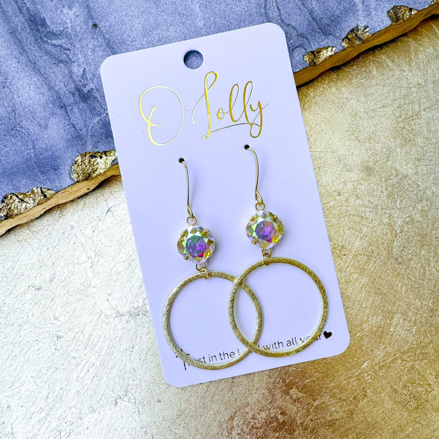 O’Lolly “Madeline” Earrings- Crystal Stone w/Gold Hoop: AB