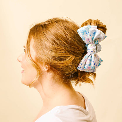 Satin Bow Claw Clip-Secret Garden Blue