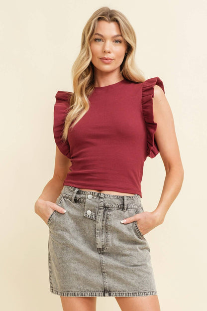 CT6639A - GAME DAY RUFFLE CAP SLEEVE TOP: Crimson - ETA 8/20/25
